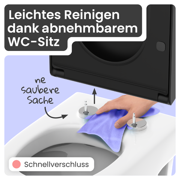 Demonstration der Reinigung eines WC-Sitzes mit Schnellverschluss