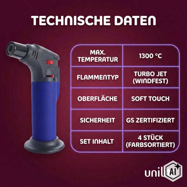 Technische Daten zum Unilite Gasbrenner Set mit vier windfesten Turbo Jet Feuerzeugen, bis zu 1300 Grad Celsius und Soft Touch Oberfläche.