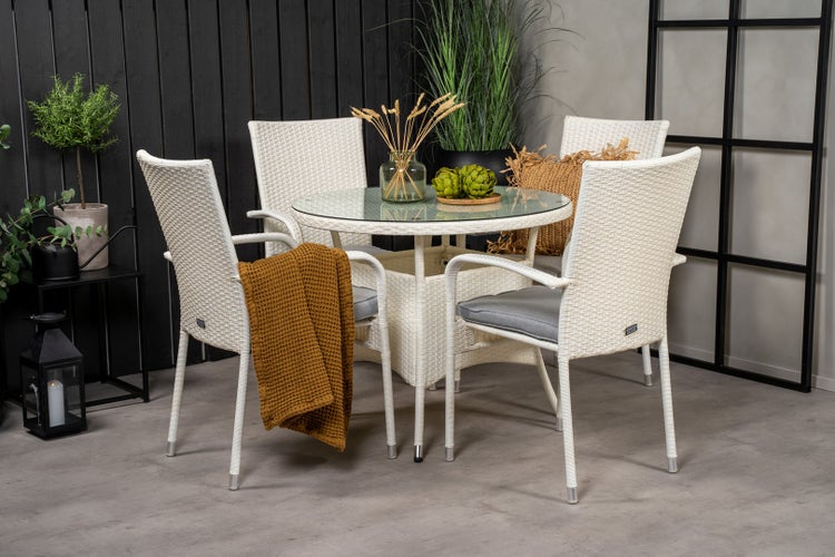 Volta Gartenset Tisch Ø90cm und 4 Stühle Anna weiß. 90 X 90 X 74 cm