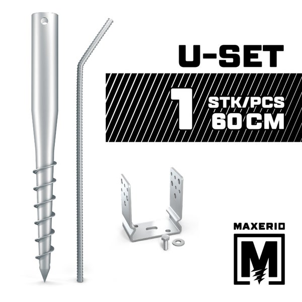 MAXERIO® 60 cm 1er U-Set + 7 cm Pfostenträger für Schraubfundament Bodenhülse Erdanker Erdschraube Einschraubhülse Erdschraubenfundament Bodenanker Schraubanker Fundament für Spielturm Zaun Pfosten Pavillon