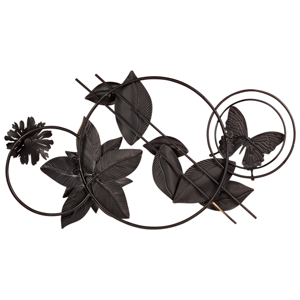 Dekorative Wandskulptur mit Blumen, Blättern und Schmetterling aus Metall