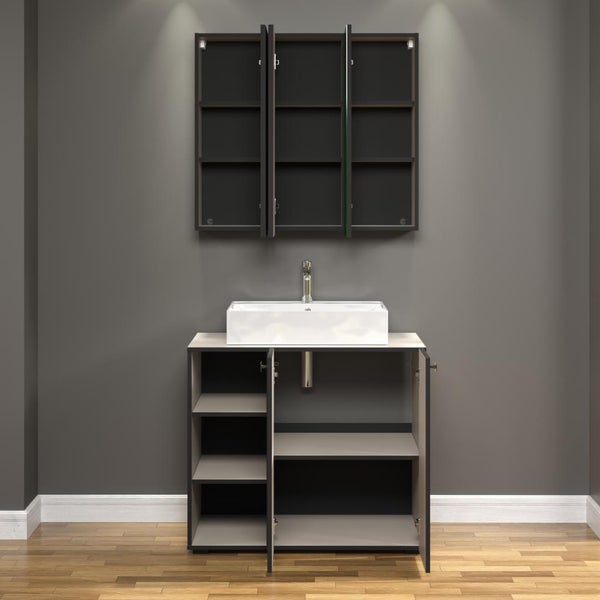 Badezimmermöbel Set mit Waschtischunterschrank mit offenen Fächern, Aufsatzwaschbecken und dreiteiligem Spiegelschrank im modernen Design.