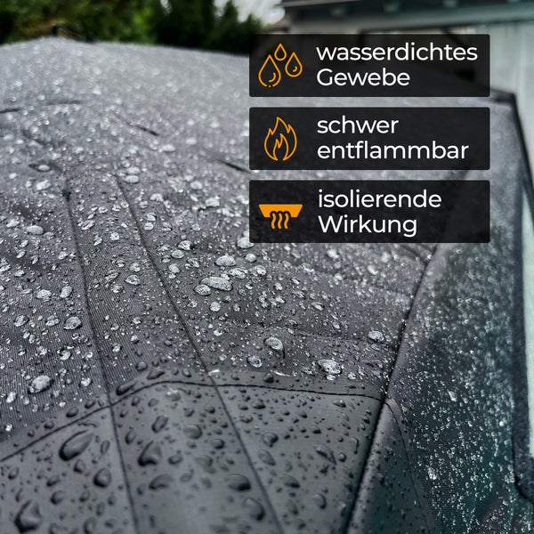 Wasserdichtes, schwer entflammbares Gewebe mit isolierender Wirkung und Wassertropfen auf der Oberfläche.