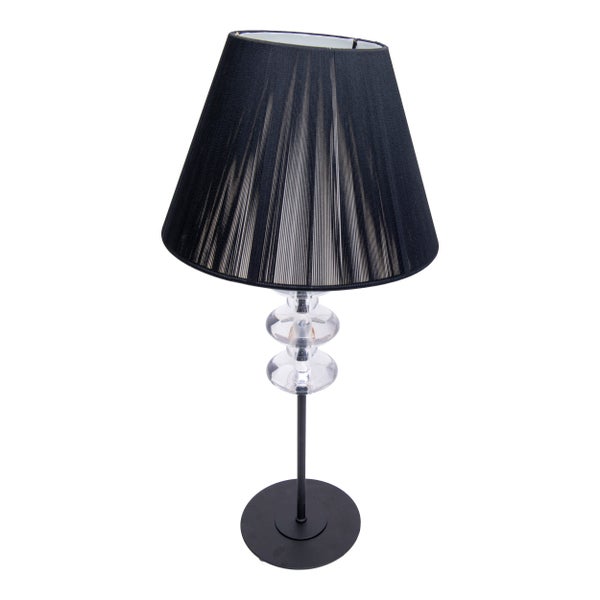 Tischleuchte mit schwarzem Lampenschirm und transparentem Glasfuß