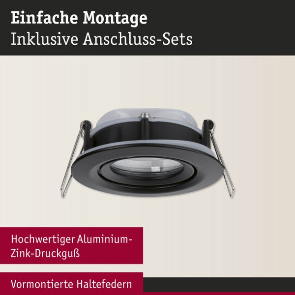 Einbauleuchte aus Aluminium Zink Druckguss mit vormontierten Haltefedern und Anschluss-Set für einfache Montage.