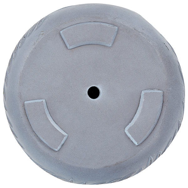 Unteransicht eines runden Pflanzkübels mit einem Entwässerungsloch und drei Standfüßen.