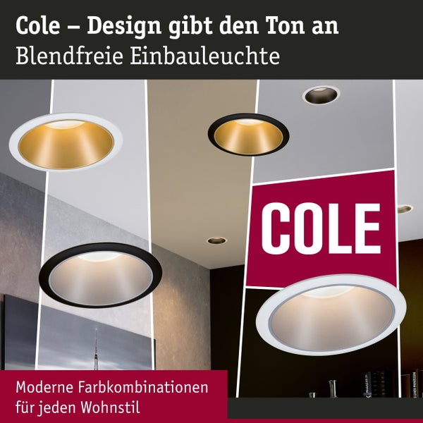 Verschiedene blendfreie Cole Einbauleuchten mit runden Rahmen in verschiedenen Ausführungen für die Deckenmontage in Wohnräumen