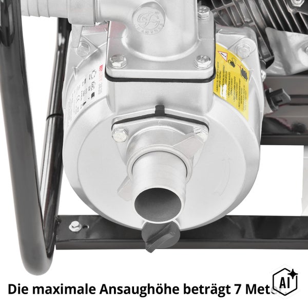 Hecht Benzin Wasserpumpe 3635 mit Gehäuse aus Metall und Warnaufkleber für das Befüllen mit Wasser vor Inbetriebnahme.