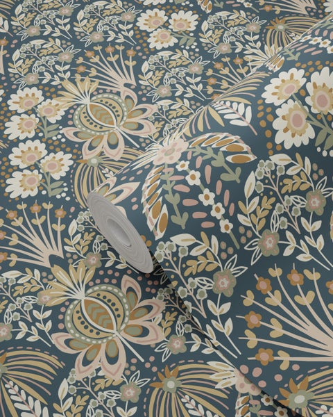 ESTAhome Tapete Blumenmuster im Jugendstil Dunkelblau - 50 x 900 cm - 130975