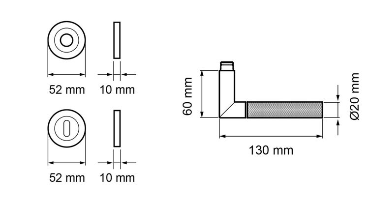 Maßzeichnung einer Türdrückergarnitur mit 130 Millimeter Grifflänge, 60 Millimeter Tiefe und 52 Millimeter Rosettendurchmesser.