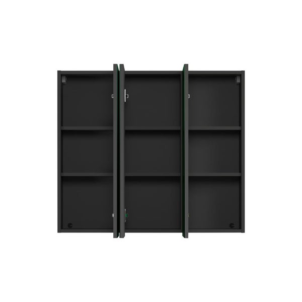 Drei schwarze Wandschränke mit Regalen zur Aufbewahrung