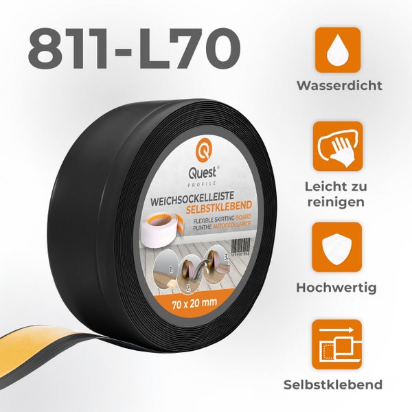 Quest Weichsockelleiste, Breite Sockelleiste 70 x 20 mm, PVC Knickleiste für Wand, Boden, Flexibel, Schwarz, 1 Meter