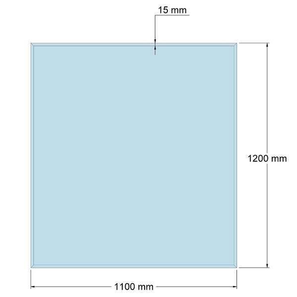 Maßskizze einer rechteckigen Glasplatte mit 1100 Millimeter Breite, 1200 Millimeter Höhe und 15 Millimeter Rand.