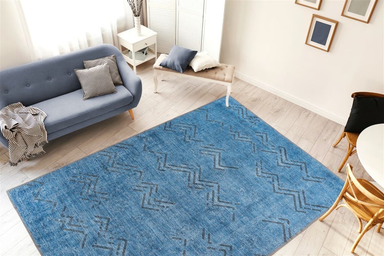 Kurzflor Teppich Isamu Blau Used-Look, Orientalisch 80 x 150 cm