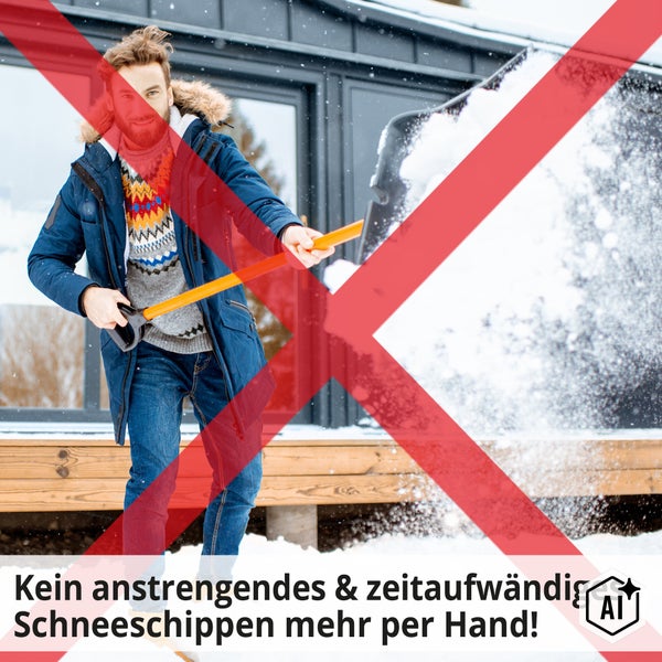 Ein Mann schippt Schnee vor einem Haus mit einer Schneeschaufel.