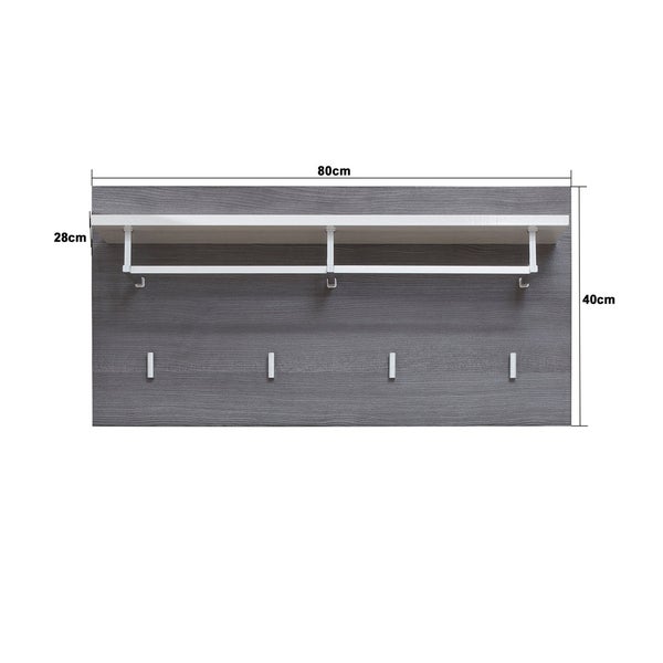 Wandgarderobe mit Ablage, Kleiderstange und 4 Haken. Abmessungen: 80 Zentimeter breit, 40 Zentimeter hoch und 28 Zentimeter tief.