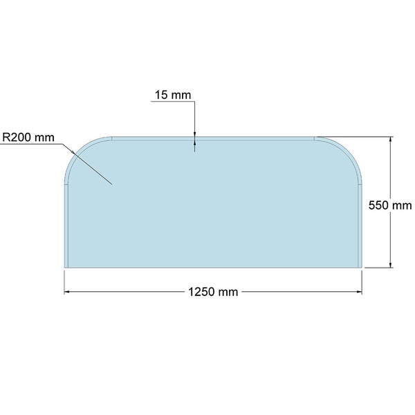 Maßzeichnung einer Platte mit abgerundeten Ecken, 1250 mal 550 Millimeter, Radius 200 Millimeter, Stärke 15 Millimeter.
