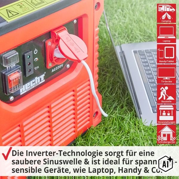 Hecht Inverter Stromerzeuger mit eingestecktem Kabel, ideal für Camping, Baustelle und Elektronik dank sauberer Sinuswelle.