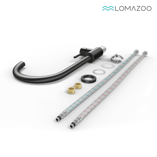 Lomazoo Spültischarmatur Set mit Einhebelmischer, Anschlussschläuchen und Montagezubehör für die Küche.