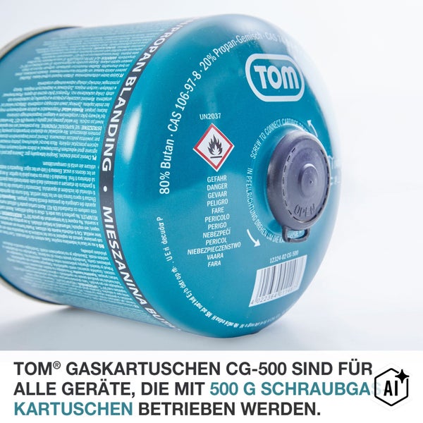 TOM Gaskartusche CG-500 mit 500 Gramm Propan-Butan-Gemisch für Schraubgewinde-Gasgeräte.