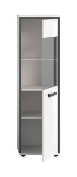 Badezimmer-Hochschrank in Weiß und Anthrazit mit einer Glas- und Holzwerkstofftür sowie mehreren Einlegeböden.