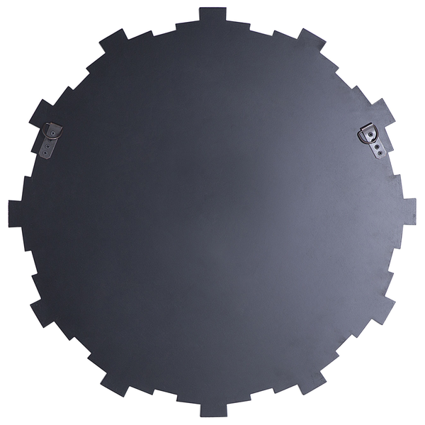 Rückseite eines runden Spiegels mit gezacktem Rand und Aufhängevorrichtung