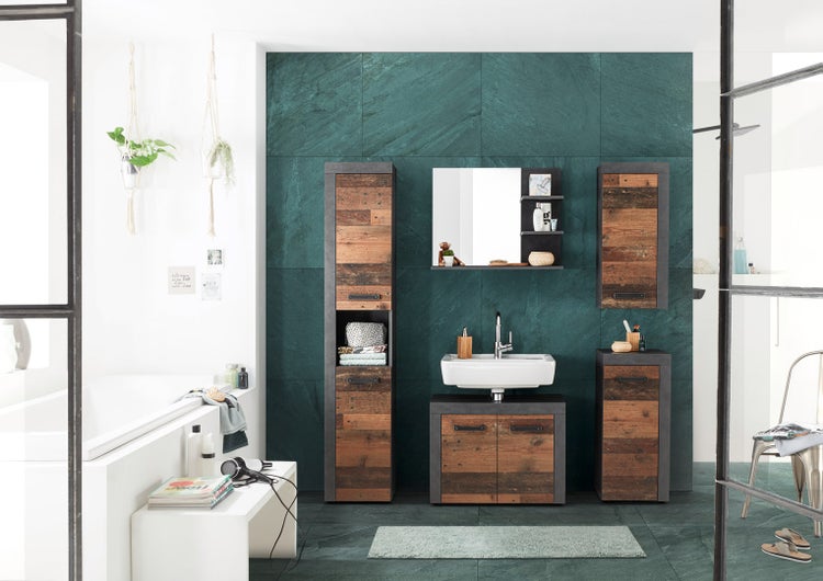 CancunIndy Bad Hochschrank 2 Türen, 1 offenes Fach Eiche Dekor, Old Wood Dekor. 36 X 31 X 184 cm