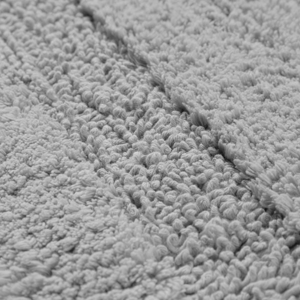 Nahaufnahme einer strukturierten Badematte mit Schlingen-Gewebe und hervorgehobenen Streifen.