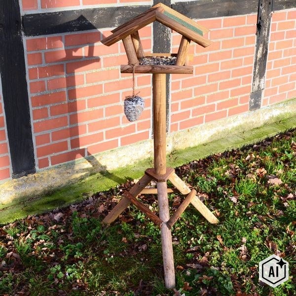 Holz Vogelfutterhaus auf Standfuß mit Futterschale und hängendem Futterzapfen für den Garten