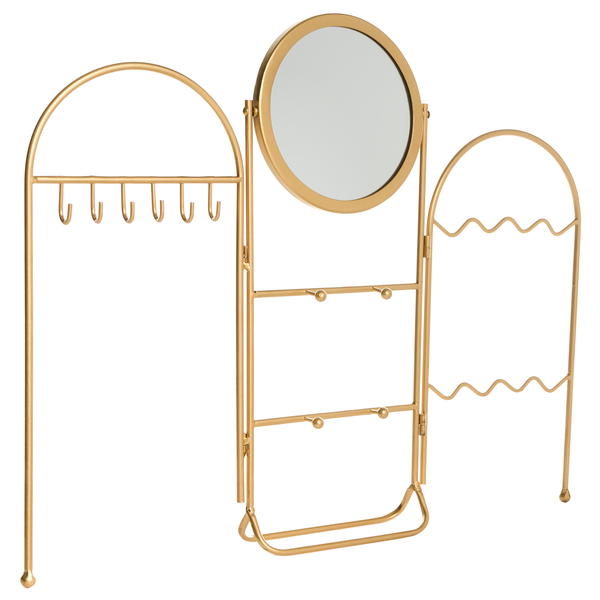 Goldfarbener Schmuckständer mit Spiegel und Aufhängevorrichtungen für Halsketten und Armbänder