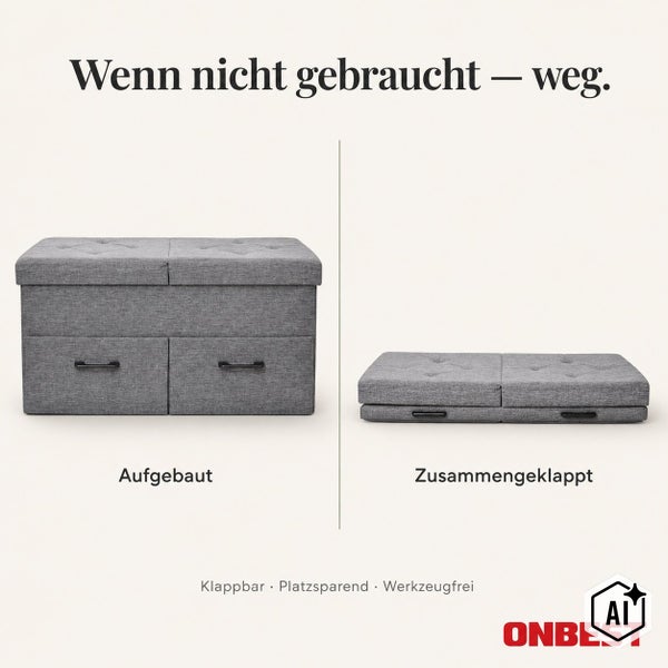 Aufgebauter und zusammengeklappter Aufbewahrungshocker von ONBEST als platzsparende Sitzgelegenheit mit Stauraum.