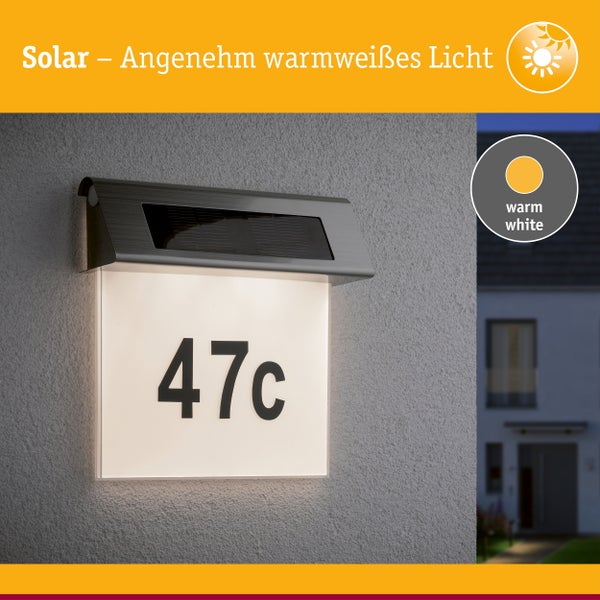 Solar Hausnummernleuchte mit warmweißem Licht für die Wandmontage an einer Hausfassade