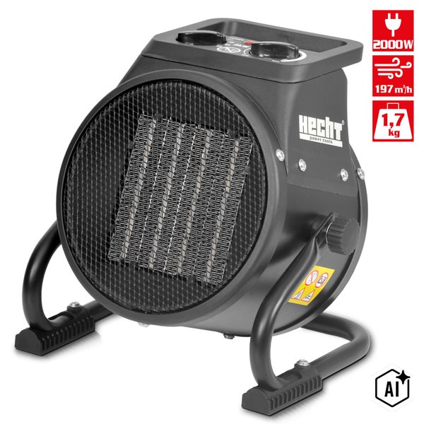 Hecht Elektroheizgebläse mit 2000 Watt Leistung und 197 Kubikmeter pro Stunde Luftstrom sowie einem Gewicht von 1,7 Kilogramm.