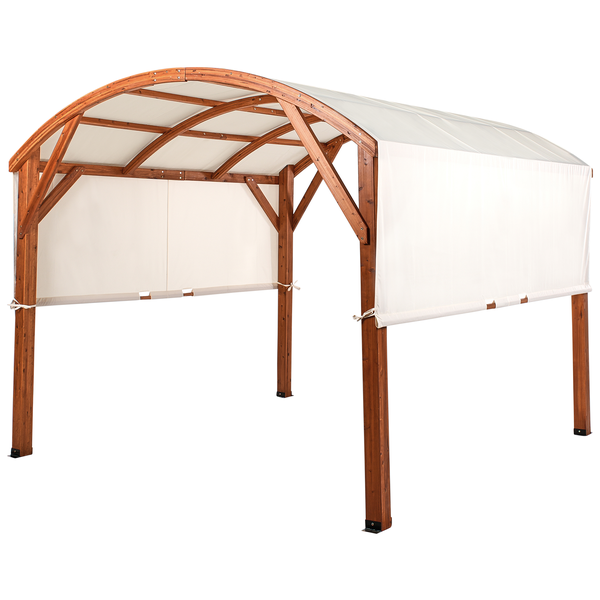Holz-Carport mit bogenförmigem Dach, vier Pfosten und weißer Textilbespannung inklusive Seitenwänden.