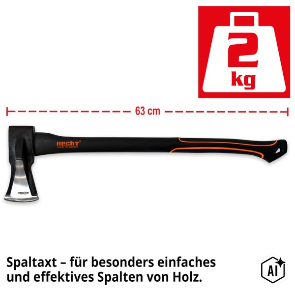 Hecht Spaltaxt mit einem Gewicht von 2 Kilogramm und einer Stiellänge von 63 Zentimetern zum Spalten von Holz.