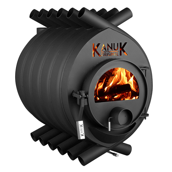 Kanuk Original Werkstattofen aus schwarzem Stahl mit Konvektionsrohren und Sichtscheibe mit brennendem Feuer.