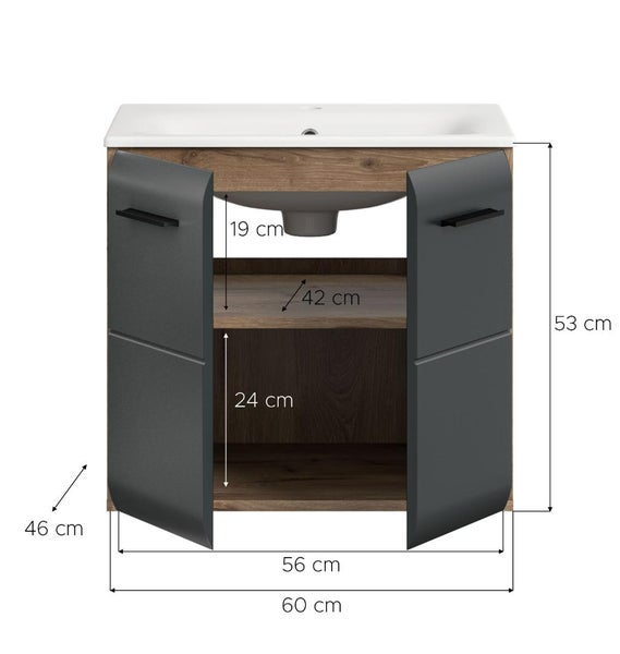 Waschtischunterschrank mit zwei Türen und Maßen.
