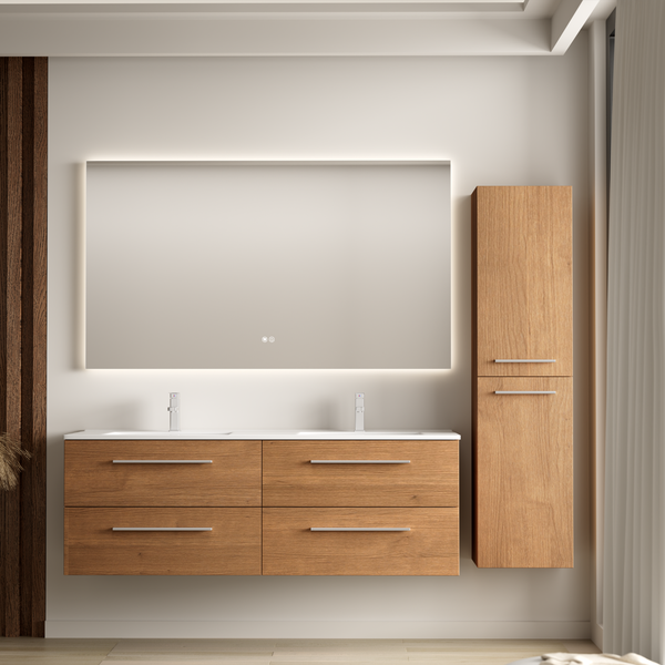 Modernes Badezimmermöbel Set mit Doppelwaschtisch, Unterschrank in Holzoptik, Hochschrank und beleuchtetem Wandspiegel im Badezimmer