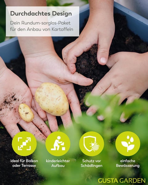 Kinderhände mit Kartoffeln über Erde. Symbole für Balkonnutzung, einfachen Aufbau, Schädlingsschutz und Bewässerung. Gusta Garden Logo.