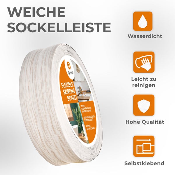 Rolle einer flexiblen, selbstklebenden Sockelleiste in Holzoptik mit Symbolen für wasserdicht, reinigungsfreundlich, hohe Qualität und Montage.