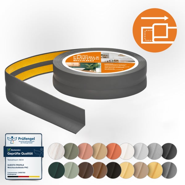 Quest Weichsockelleiste Selbstklebend 30 x 30 mm, PVC, Flexibel, Dunkelgrau, 5 Meter
