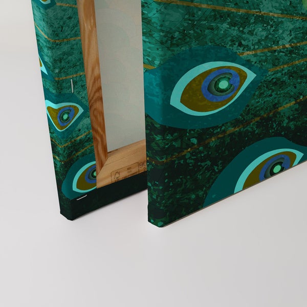 Nahaufnahme einer Leinwand mit einem abstrakten Pfauenmuster