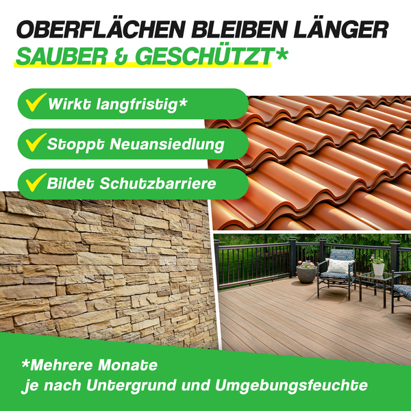 Infografik zur Oberflächenreinigung für Dachziegel, Steinmauern und Holzterrassen zur langfristigen Sauberkeit und zum Schutz gegen Neuansiedlung.