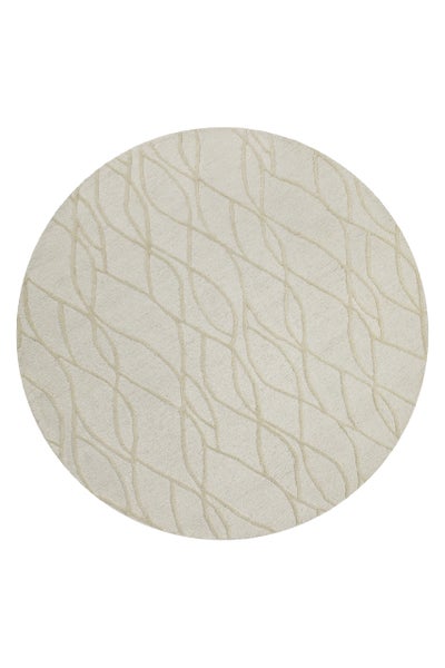 Runder cremefarbener Teppich mit abstraktem, strukturiertem Wellenmuster aus weichem Material.