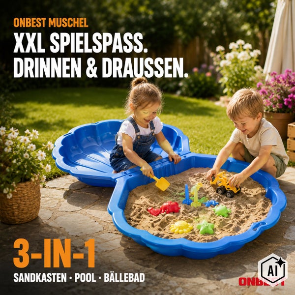 Zwei Kinder spielen in einer muschelförmigen Sandkasten Sandmuschel im Garten die auch als Pool oder Bällebad genutzt werden kann.