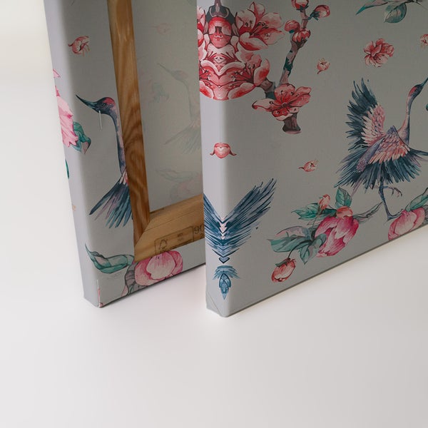 Leinwandbild auf Holzrahmen mit floralem Kranich Motiv als Wanddekoration