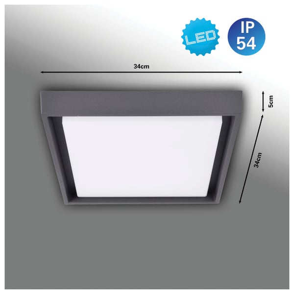 Quadratische LED-Deckenleuchte mit Schutzart IP54 und den Maßen 34 x 34 x 5 cm.
