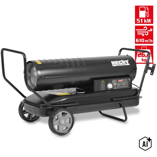 Hecht Diesel Heizkanone 51 Kilowatt mit 610 Kubikmeter pro Stunde Luftleistung auf Fahrgestell mit Rädern und Hecht Logo.