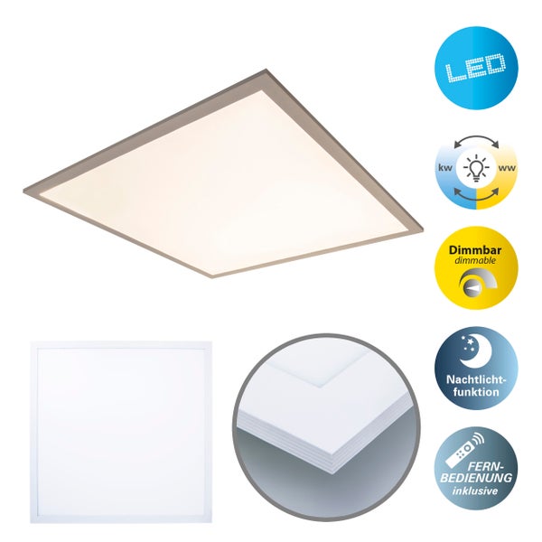 LED Panel-Deckenleuchte NICO, funktionelle Deckenleuchte aus Metall und Kunststoff in weiß, mit festverbauten LED und vielen Funktionen, ideal für Büro, Praxis oder Werkstatt, ca. 59,5 x 59,5 cm