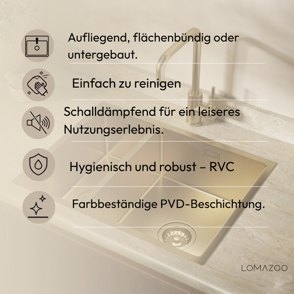 Einbauoptionen, Reinigung, Schalldämmung, Hygiene und PVD Beschichtung für eine Lomazoo Küchenspüle mit Wasserhahn in einer Arbeitsplatte.